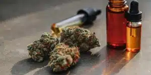 Terpene-rich cannabis buds displayed beside cannabis oil extract bottles and droppers.
