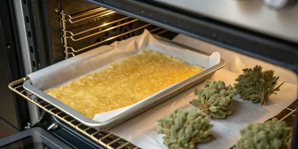 THCA crumble concentrate being decarboxylated on a baking tray in an oven during cannabis extraction.