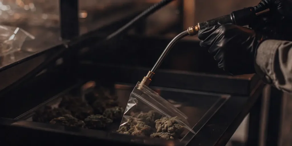 Technician using vacuum sealing equipment to package cannabis buds in an airtight storage bag.