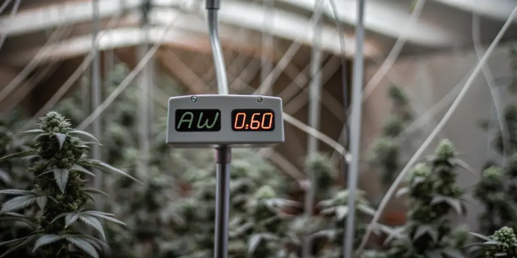 Water activity measurement device showing aw 0.60 inside a cannabis greenhouse cultivation environment.
