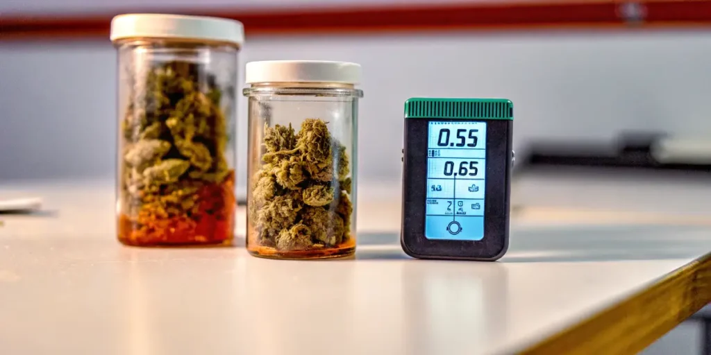 Water activity meter displaying aw readings next to cannabis buds stored in glass containers during quality testing.