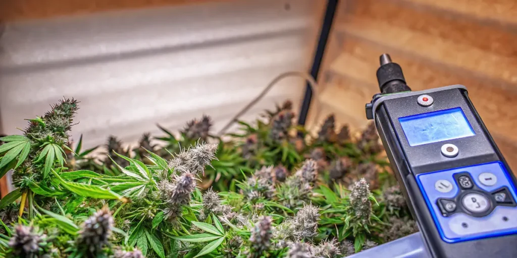 Water activity testing device measuring freshly harvested cannabis flowers during quality control assessment.