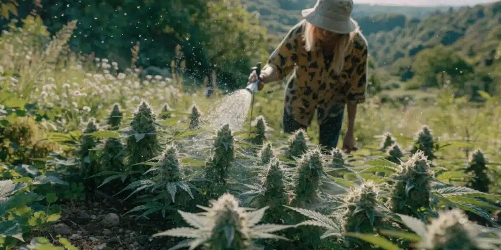 Grower watering flowering cannabis plants in an outdoor garden under natural sunlight.
