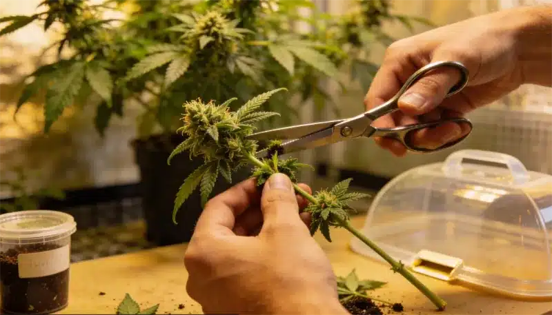 Hands pruning a flowering Star Killer cannabis plant, highlighting careful plant training, resinous buds, and proper maintenance during the flowering stage indoors.