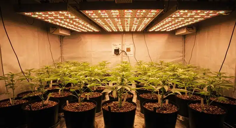 Star Killer x Do-Si-Dos cannabis plants growing indoors under LED lights, uniform spacing, healthy leaf color, and strong vegetative development in soil pots.