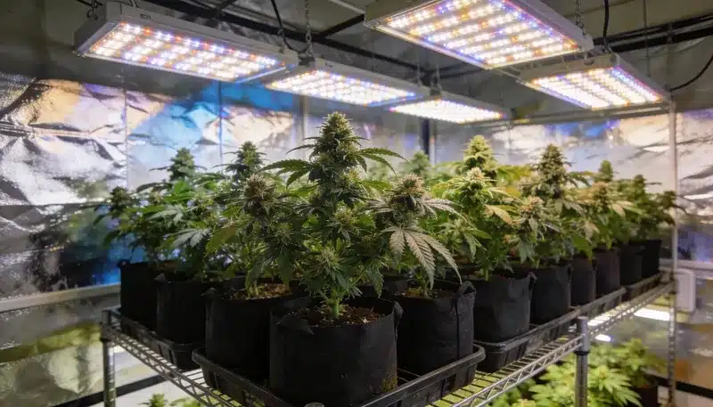 Indoor Stardawg Auto plants flowering under LED lighting, dense bud formation, and optimized growth in fabric pots.