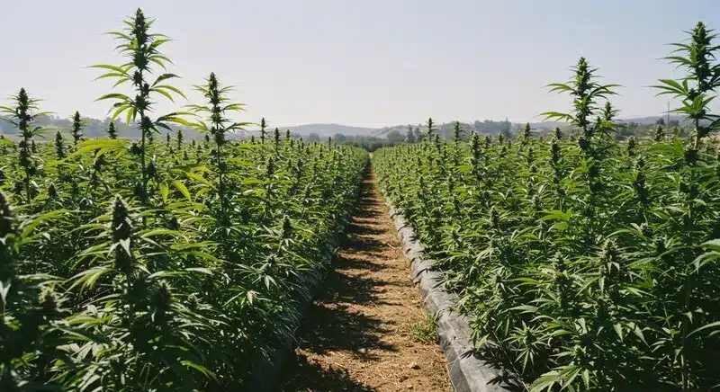 Rows of Stardawg Regular cannabis plants grown outdoors, uniform height, strong structure and growth in open-field cultivation systems.