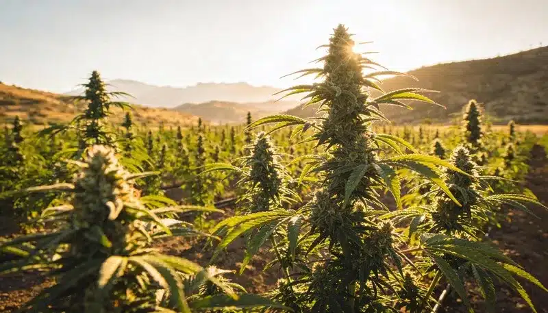 Steve’s Alien OG cannabis plants flowering outdoors under natural sunlight tall colas, strong structure, and healthy development in open-field cultivation.