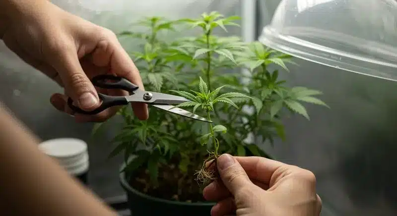 Hands taking a cutting from a Strawberry Banana cannabis plant, highlighting healthy root development, clean cuts, and correct cloning practices under indoor conditions.