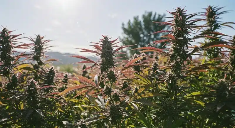 Tangie Purple Punch plants growing outdoors during flowering, strong structure, and healthy bud development under natural sunlight.