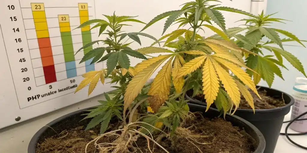 Cannabis plant with severe yellow leaves caused by nitrogen deficiency.