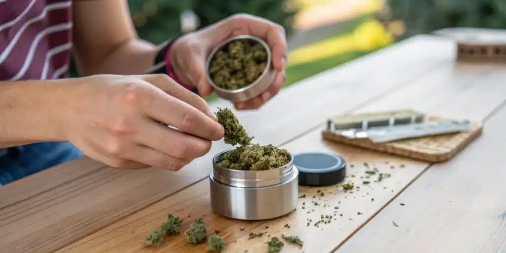 Filling an Airtight Container with Cannabis Buds