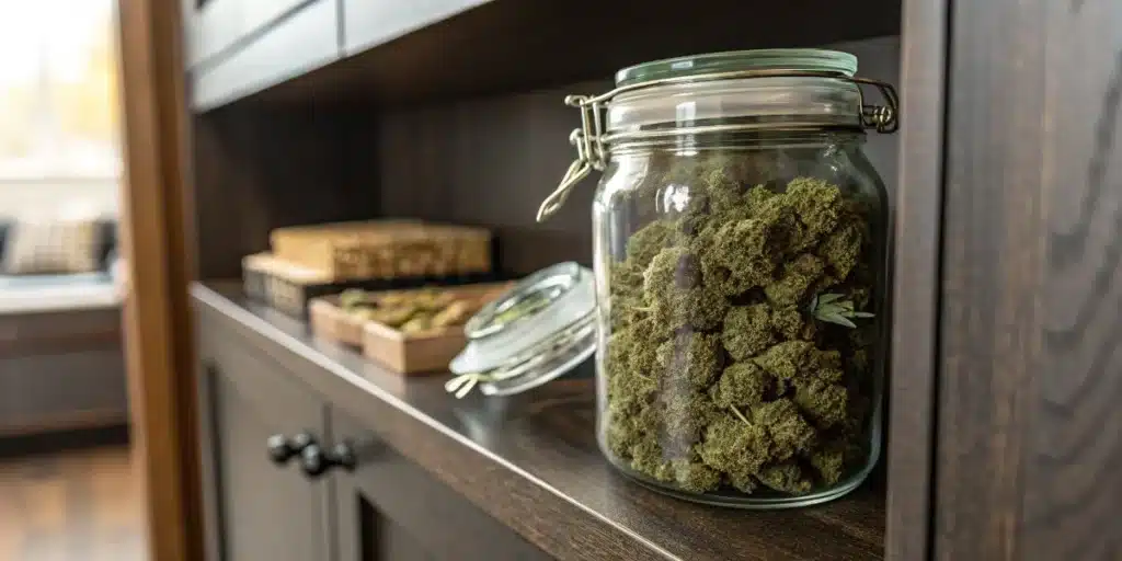 Airtight glass jar filled with cured cannabis buds stored on a wooden shelf.
