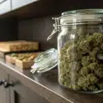 Airtight glass jar filled with cured cannabis buds stored on a wooden shelf.