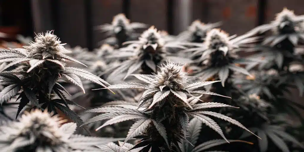 Indoor canopy of healthy autoflower cannabis plants covered with mature buds.