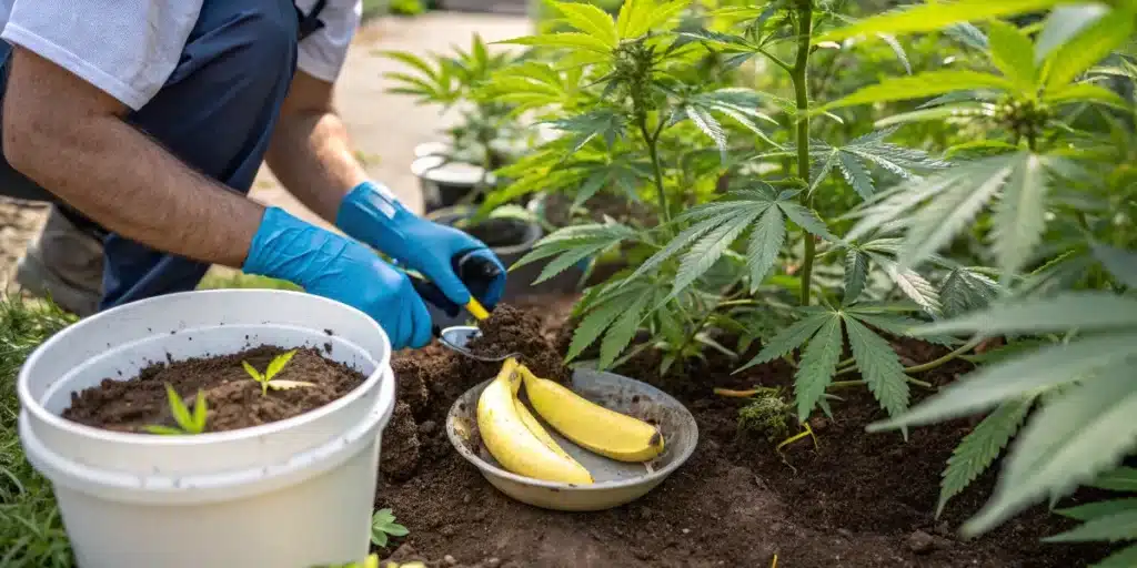 Gardener applying homemade banana peel fertilizer around cannabis plants in an outdoor garden.