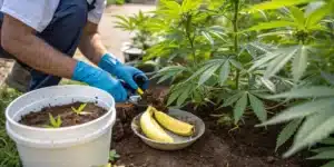 Gardener applying homemade banana peel fertilizer around cannabis plants in an outdoor garden.