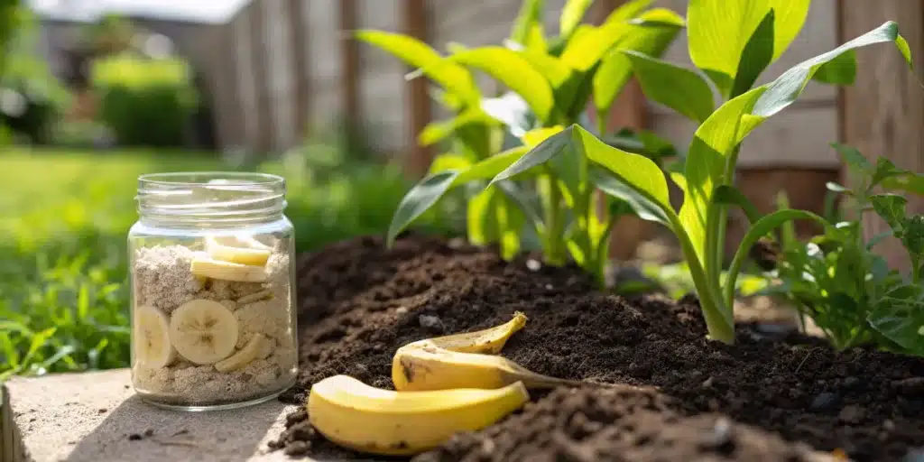 Glass jar with dried banana peel powder beside cannabis plants in a garden.