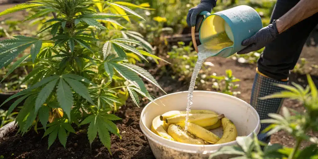 Preparing banana peel fertilizer solution beside a cannabis plant in an outdoor cultivation area.