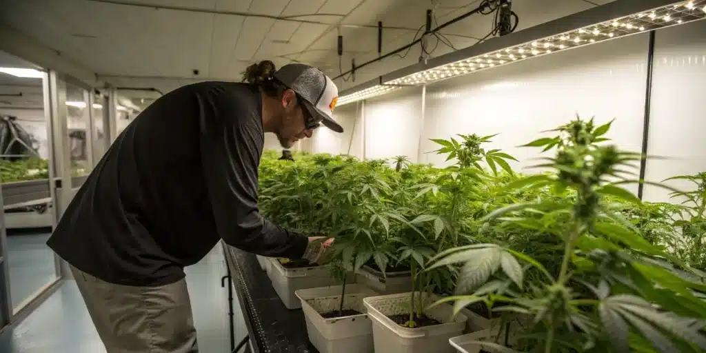Cannabis Grower Checking Indoor Crop Under LED Lights