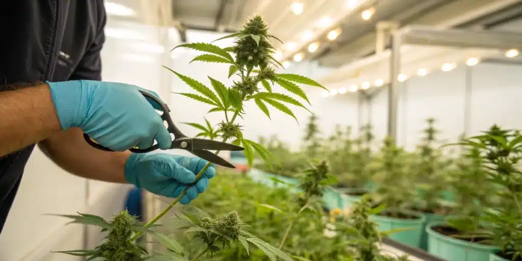 Grower performing the lollipopping pruning technique on a flowering cannabis plant with pruning shears.