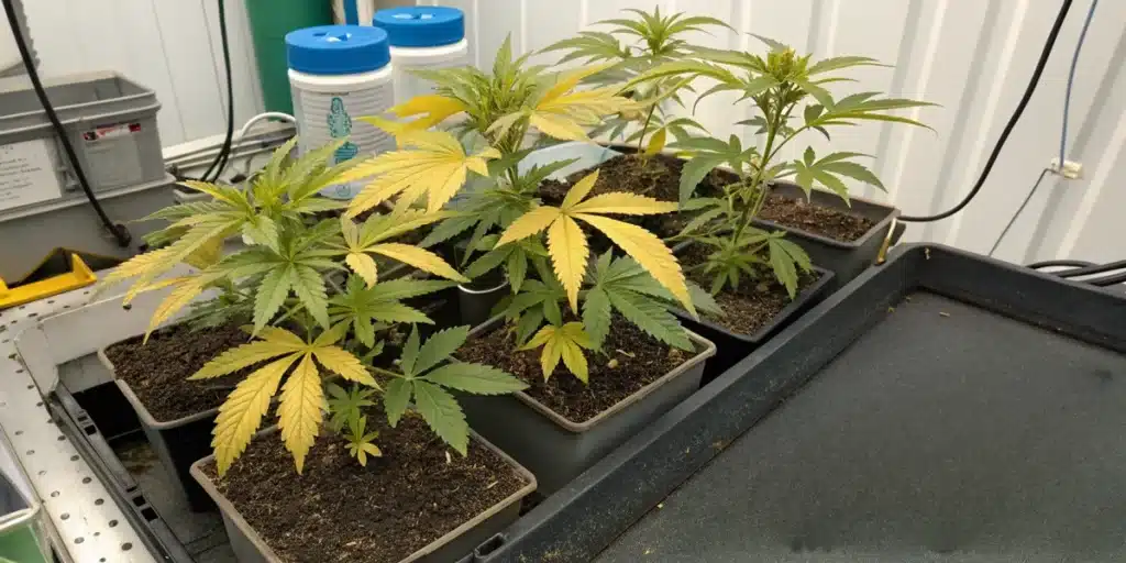 Cannabis plants with yellowing leaves showing signs of nitrogen deficiency indoors.