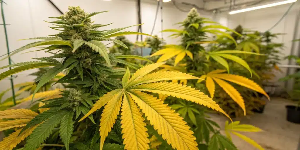 Cannabis plant displaying yellow fan leaves and nitrogen deficiency symptoms during the flowering stage indoors.