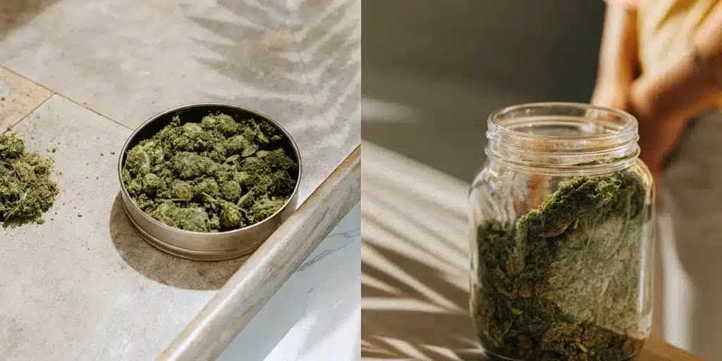Dry cannabis shake stored in a metal tin and glass jar for preservation.