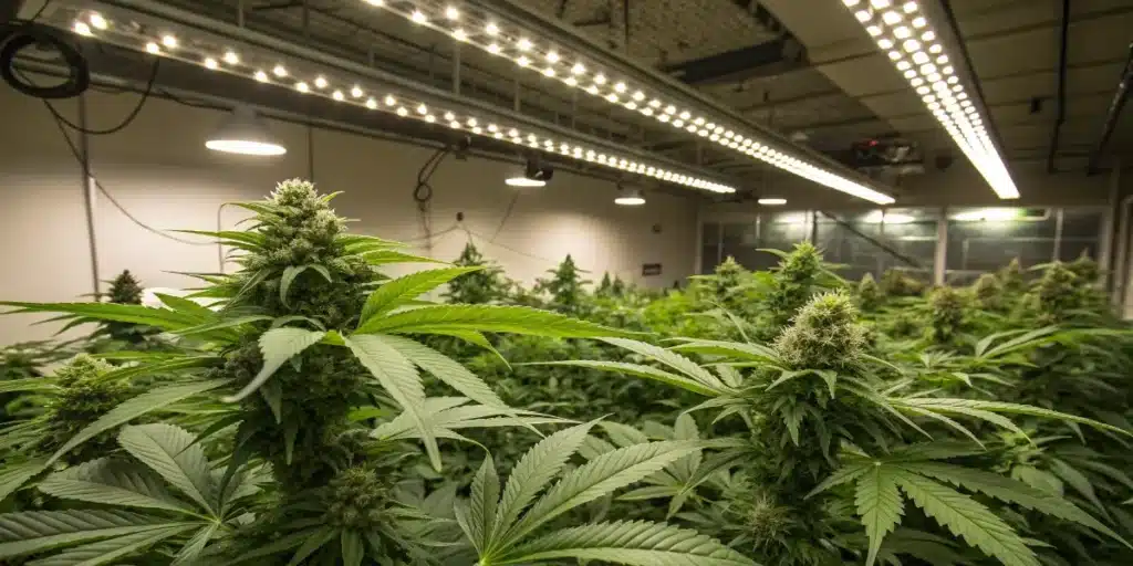 Commercial Cannabis Flowering Room Under LED Lights