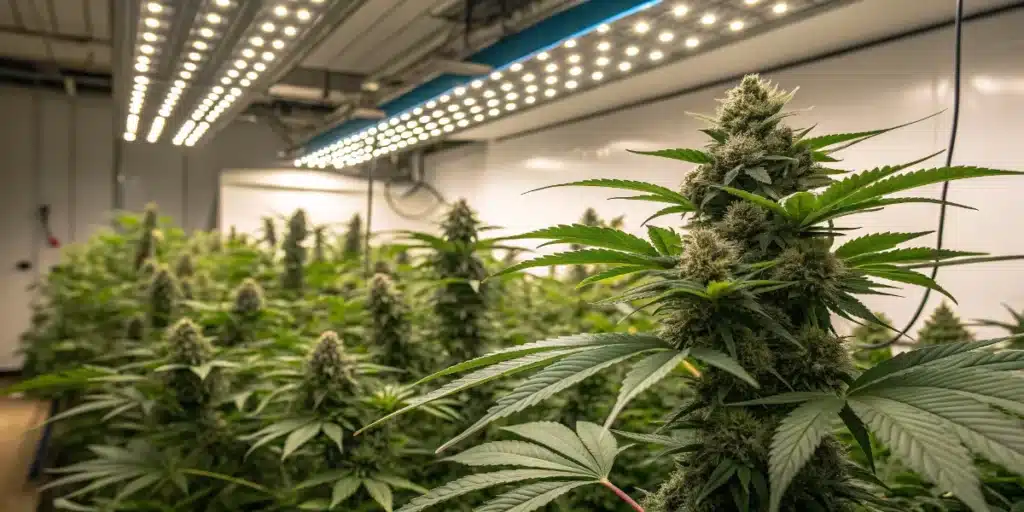Commercial indoor cannabis grow room with mature flowering plants cultivated under LED grow lights.