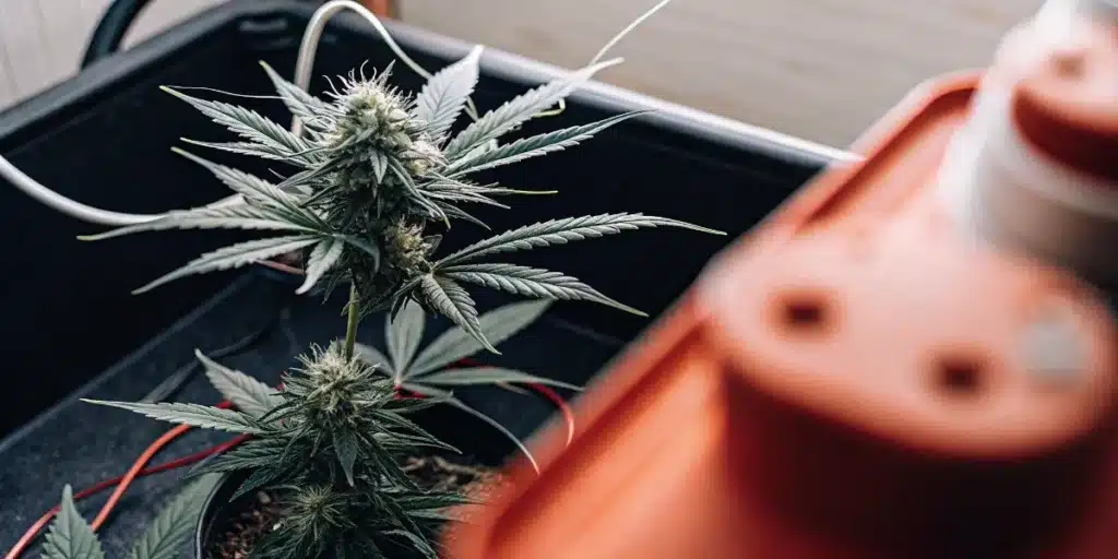 Compact flowering cannabis plant growing in a container inside an indoor cultivation system.