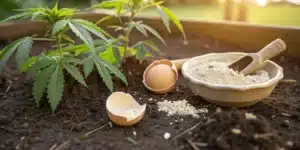 Crushed eggshell powder used as a natural calcium amendment for cannabis plants.