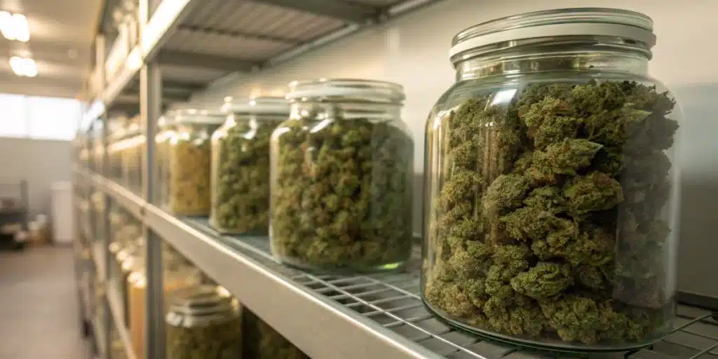 Cured Cannabis Buds Stored in Glass Jars