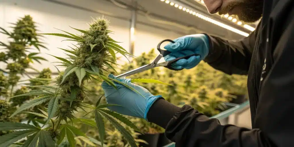 Grower defoliating a flowering cannabis plant by removing fan leaves with pruning scissors.