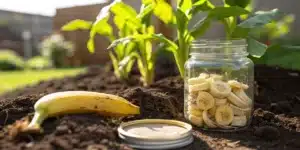 Jar of dried banana slices and fresh banana beside cannabis plants in garden soil.