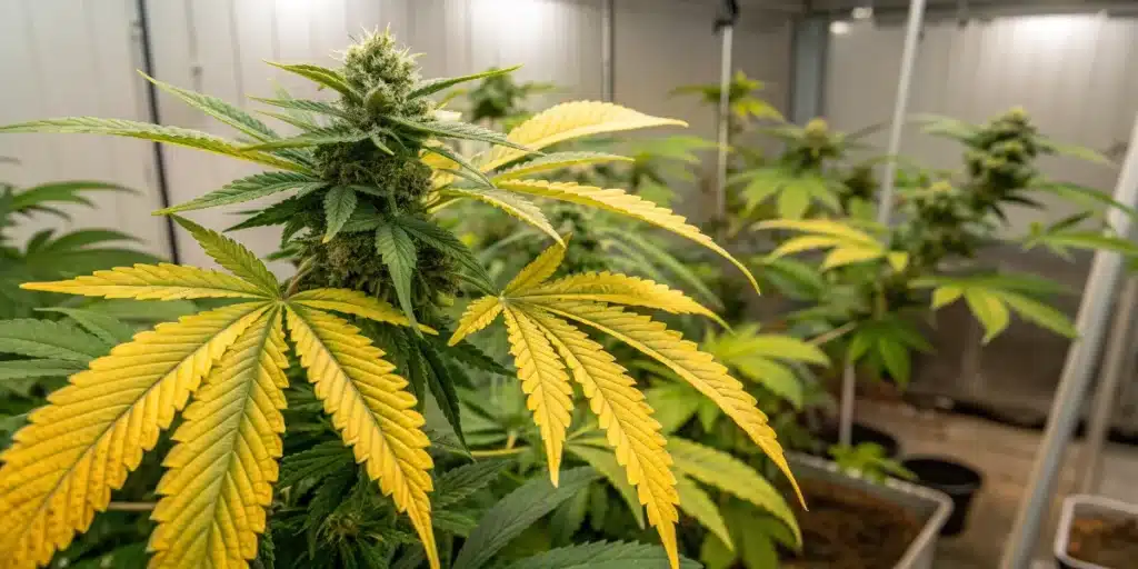 Flowering cannabis plant with widespread yellow leaf discoloration caused by nutrient deficiency in an indoor grow room.