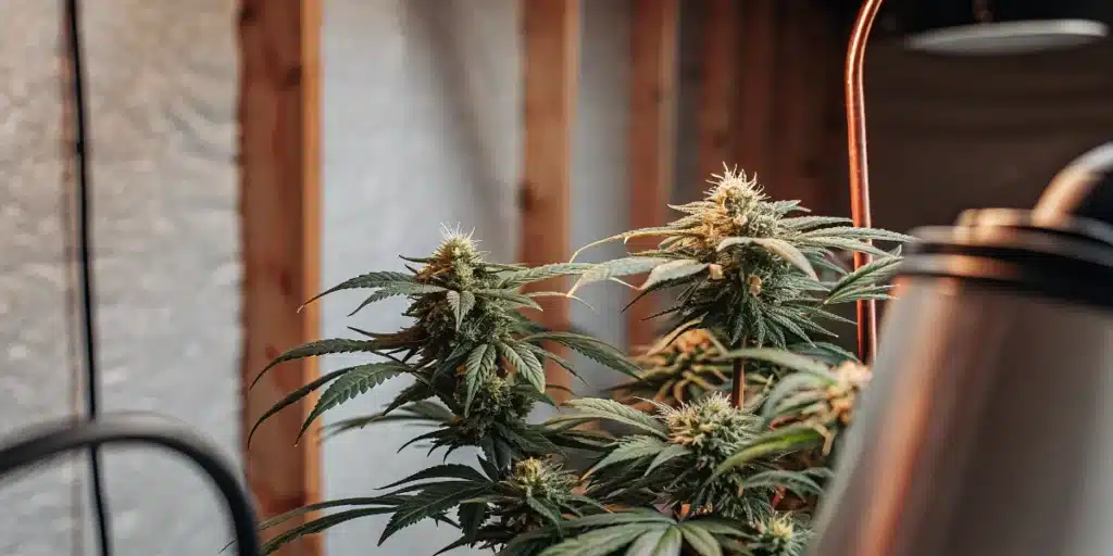 Flowering cannabis plants growing indoors under controlled environmental conditions.