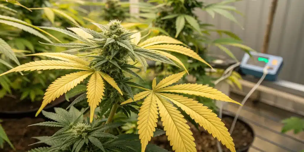Flowering Cannabis with Yellowing Fan Leaves
