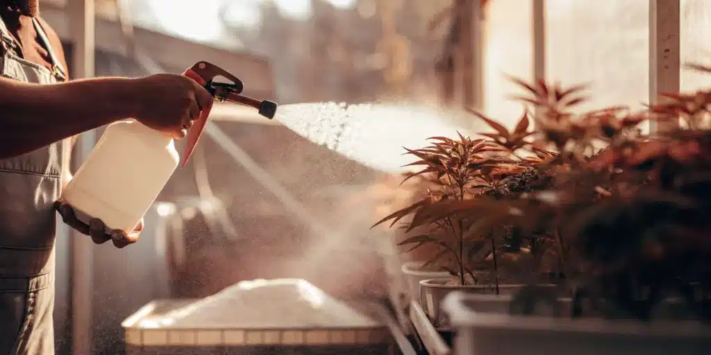 Grower spraying a foliar nutrient solution onto cannabis plants inside a greenhouse.