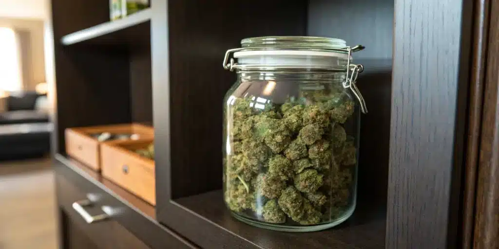Large glass jar containing cured cannabis buds on a wooden cabinet shelf.