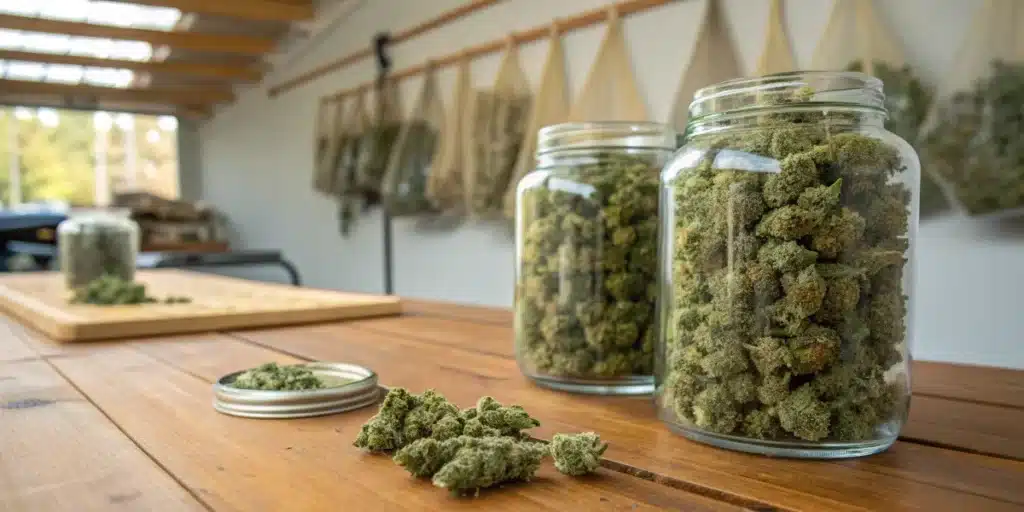 Glass Jars Filled with Cured Cannabis Buds