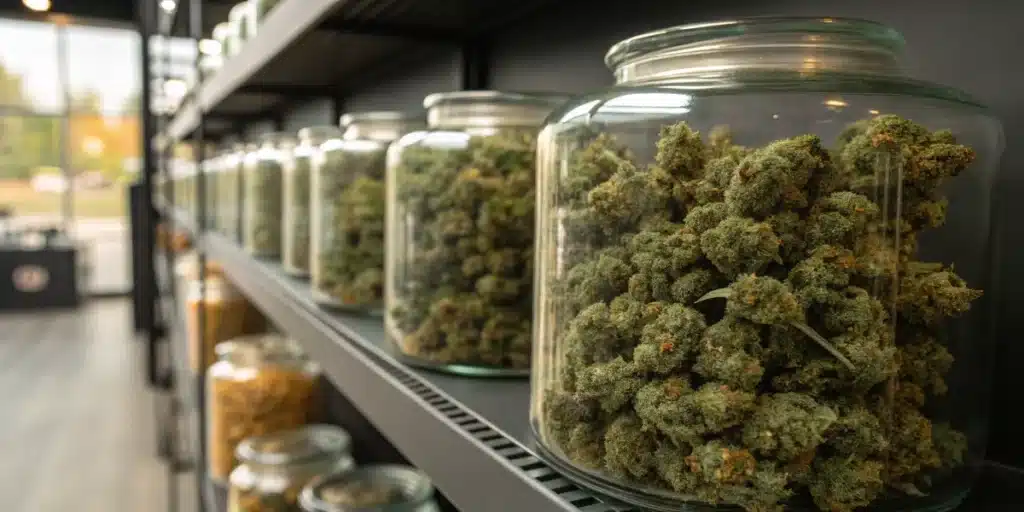 Glass Jars of Cured Cannabis on Storage Shelves