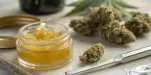 Glass jar filled with golden cannabis wax concentrate beside dried cannabis buds.