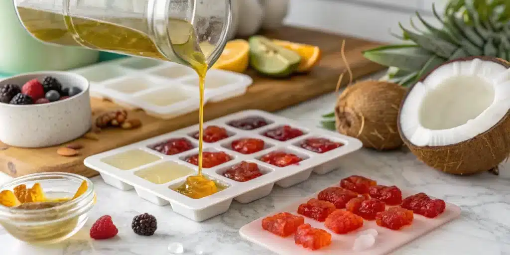 Cannabis-infused coconut oil being poured into silicone gummy molds with fruit ingredients.