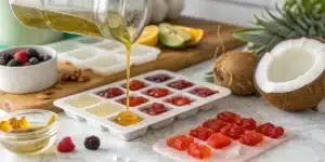 Cannabis-infused coconut oil being poured into silicone gummy molds with fruit ingredients.