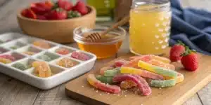 Homemade cannabis gummy candies with infused honey and fresh strawberries on a wooden table.