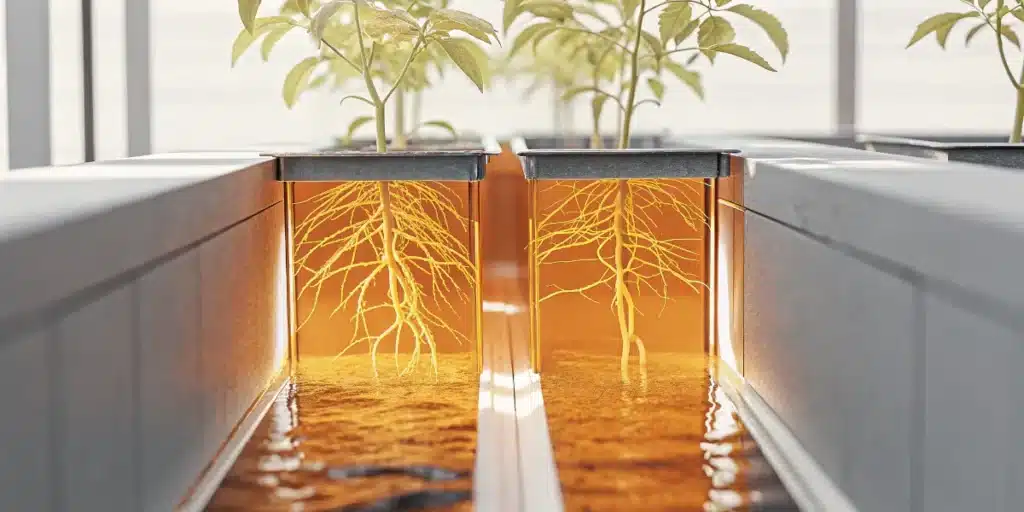 Hydroponic NFT growing system showing healthy plant roots suspended in a flowing nutrient solution.