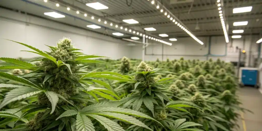 Healthy cannabis plants in the flowering stage inside a professional indoor cultivation facility.