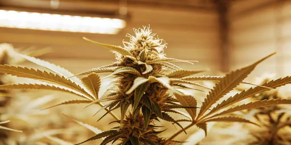 Flowering Cannabis Cola Under LED Grow Lights