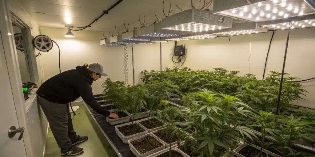 Inspecting Cannabis Plants in an Indoor Grow Room